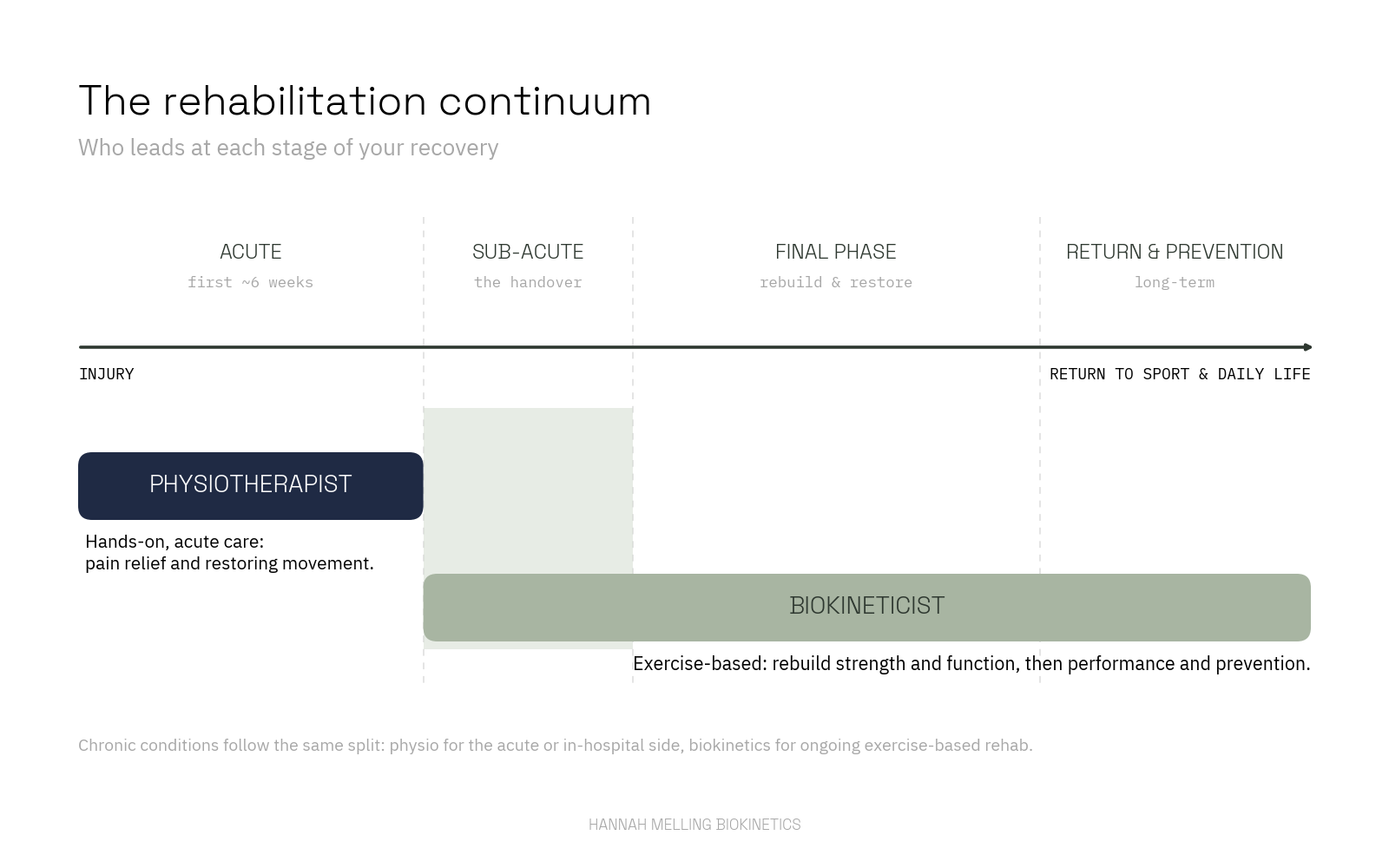 A continuum from injury to return to sport and daily life. Physiotherapist leads the acute phase, both professions overlap in the sub-acute handover, and the biokineticist leads the final phase, return to sport and prevention.