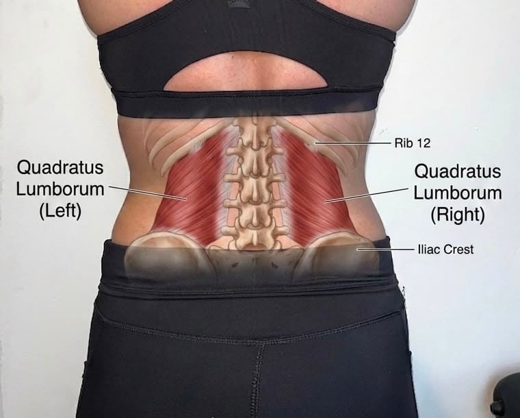 Hannah's lower back with the quadratus lumborum superimposed on both sides